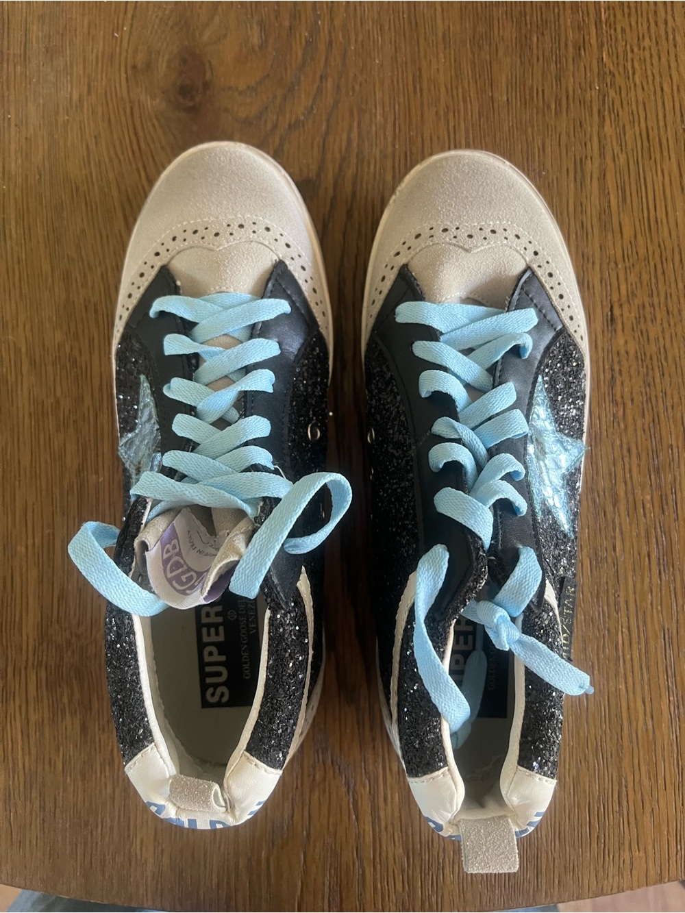 Golden Goose Black Glitter & Cream Low-Top Sneakers with Light Blue Laces
